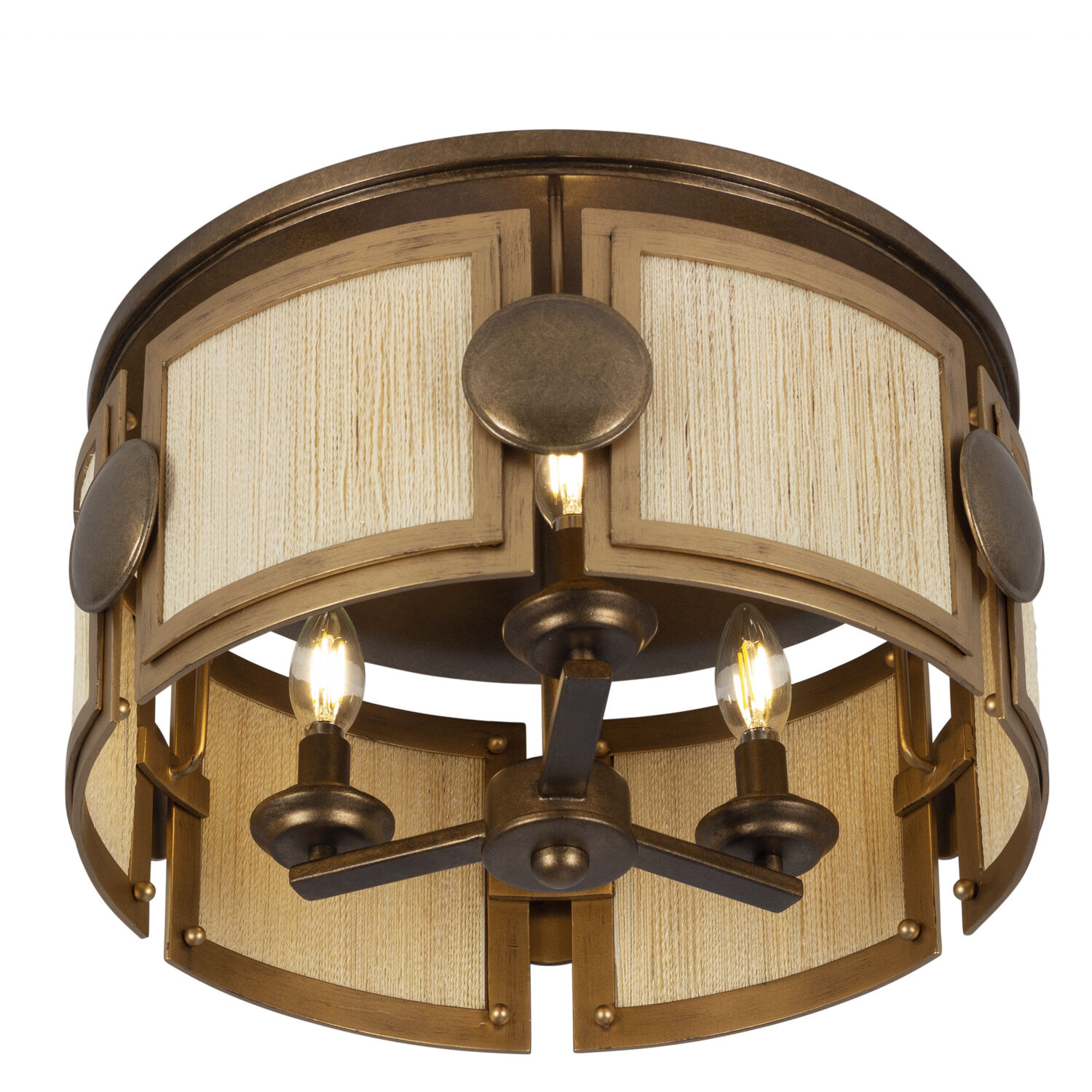 Button 3 Light 18 inch Pearlized Antique Brass and Modern Gold Semi Flush Mount Ceiling Light