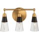 Ponti 3 Light 14 inch Matte Black with New Brass Bath Vanity Light Wall Light